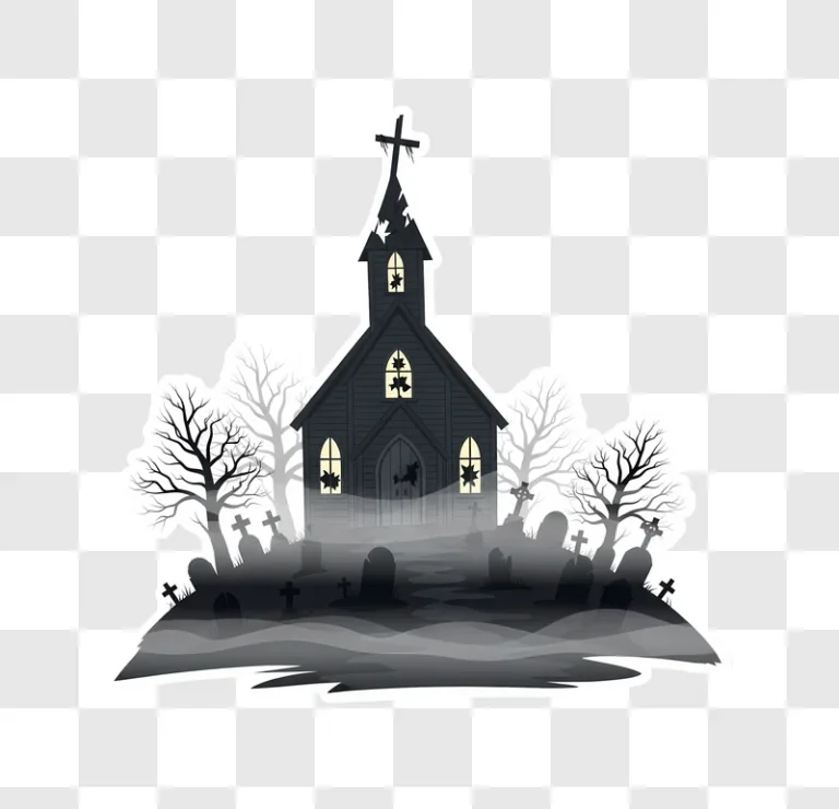 spooky halloween church graveyard scene with fog and bare trees edited