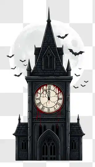 spooky halloween clock tower with bats and full moon edited
