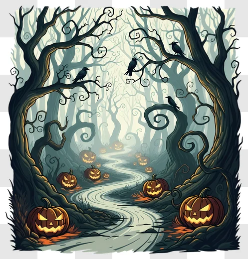 spooky halloween forest path with jackolanterns and crows edited