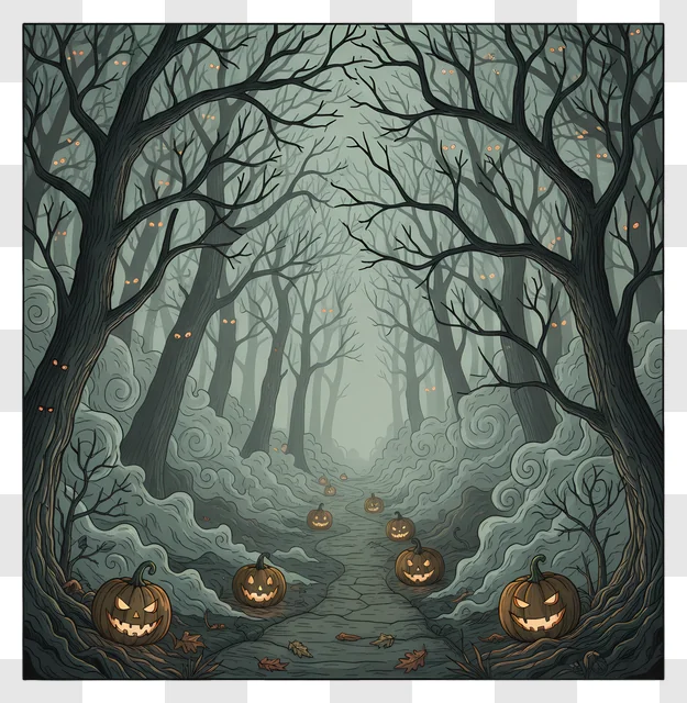 spooky halloween forest path with jackolanterns and fog edited