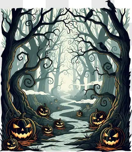 spooky halloween forest with jack o lanterns and crows edited