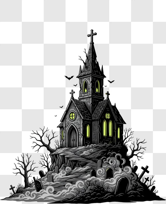 spooky haunted mansion on a hill with graveyard edited