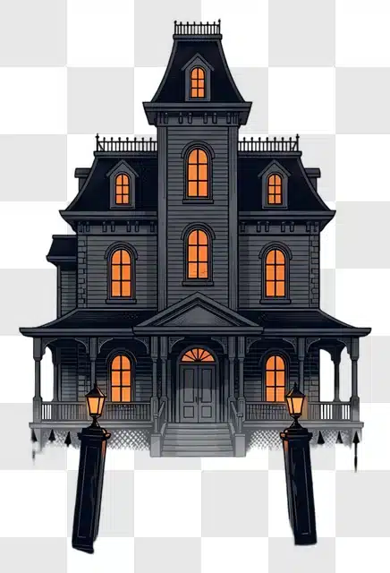 spooky victorian haunted house with glowing windows edited
