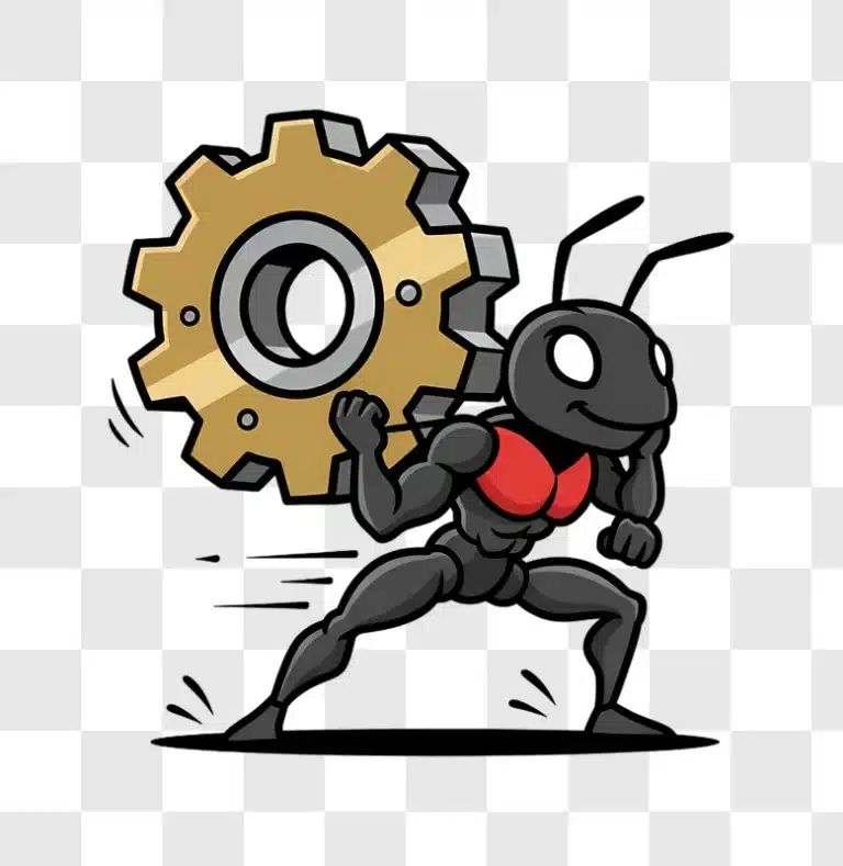 strong ant carrying a golden gear symbolizing hard work and industry edited