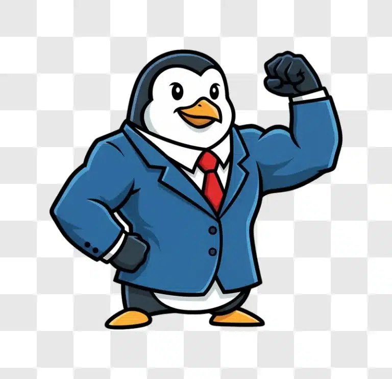 strong business penguin mascot flexing bicep edited