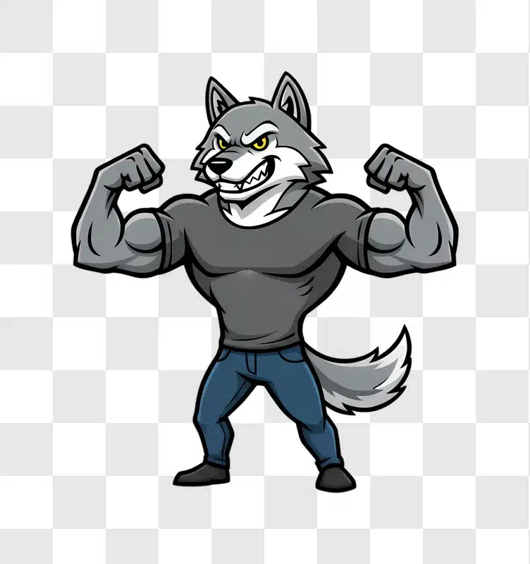 strong muscular wolf character flexing biceps edited