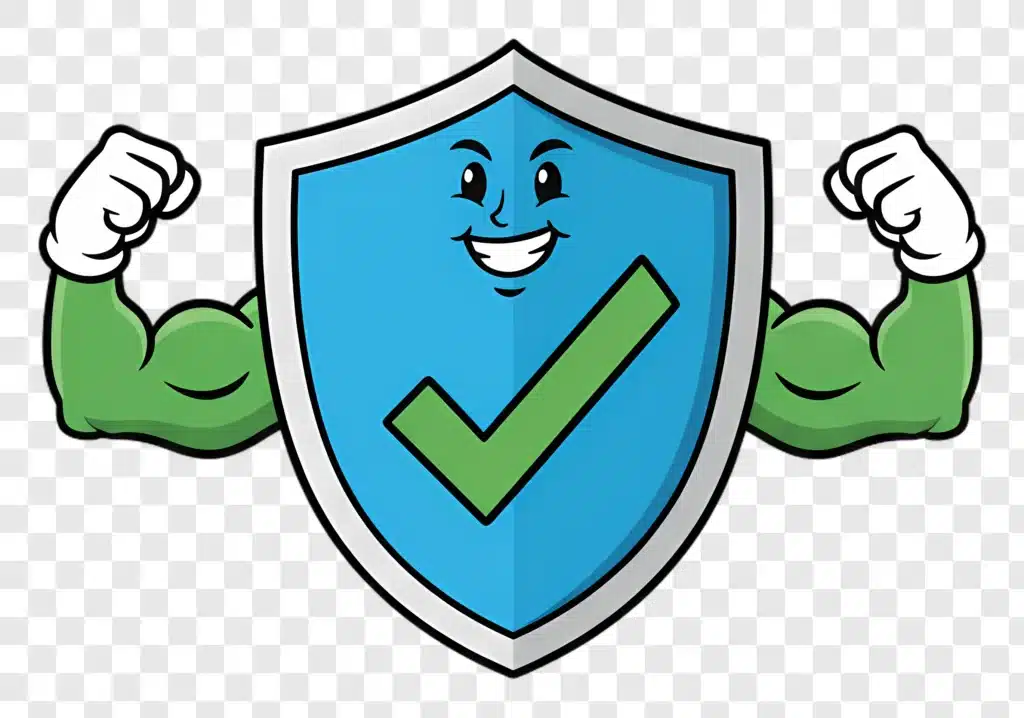 strong shield with check mark cartoon character flexing biceps
