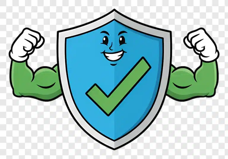 strong shield with check mark cartoon character flexing biceps edited