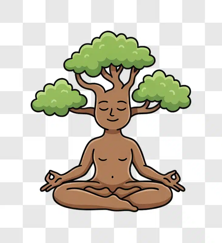 tree person meditating in lotus position with green leaves on head edited