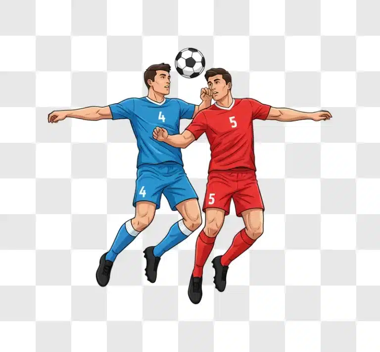 two soccer players competing for the ball in the air edited