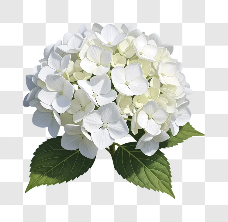 white hydrangea flower cluster with leaves edited