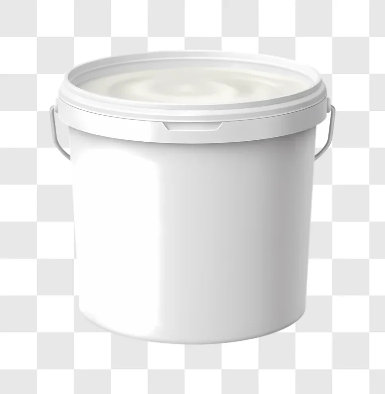 white plastic bucket with lid and handle full of cream edited