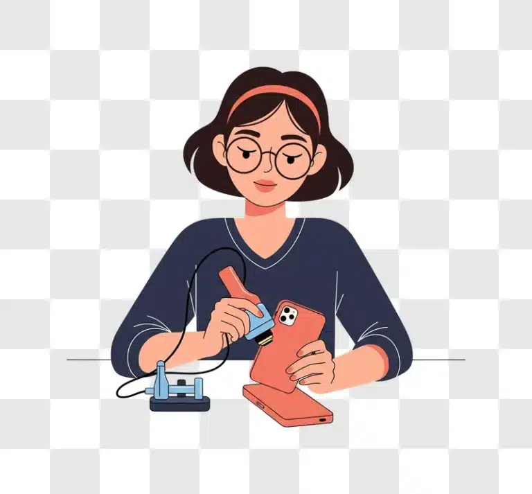 woman engaged in crafting a phone case with precision tools edited