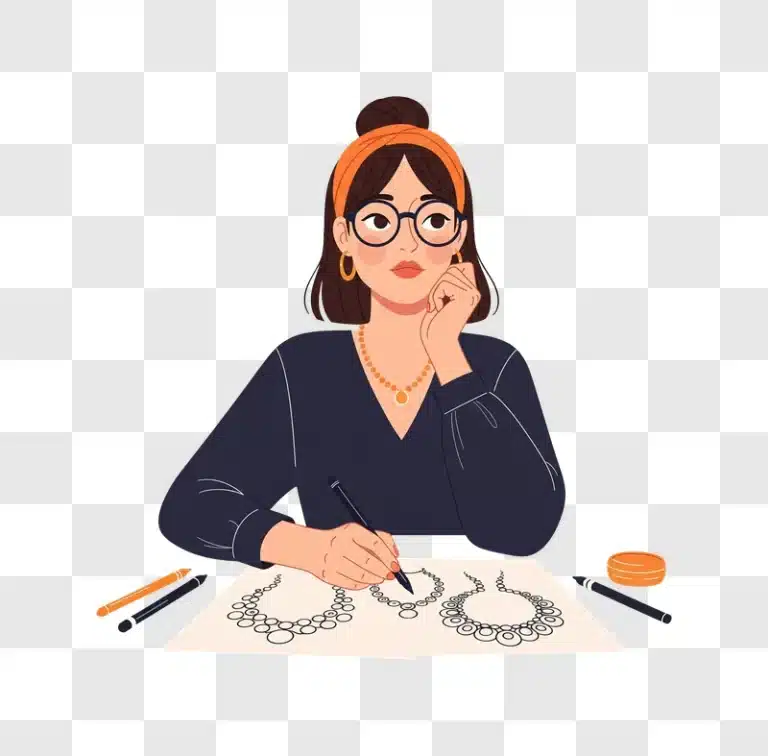 woman jeweler designing necklaces sketching creative process edited