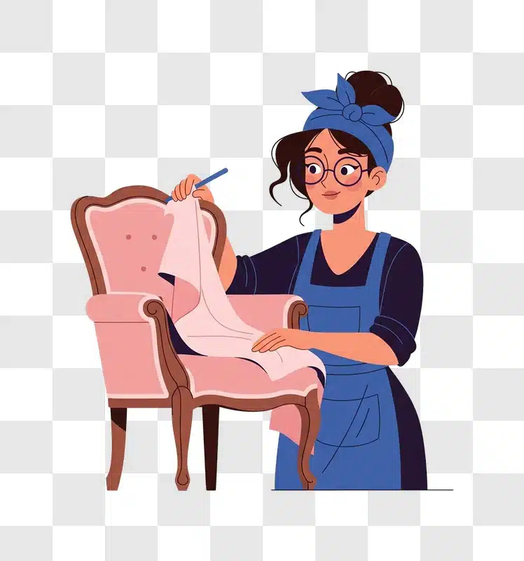 woman restoring antique armchair with fabric and tools edited