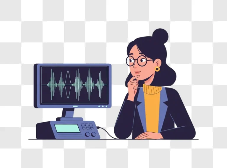 woman analyzing sound wave on computer screen edited