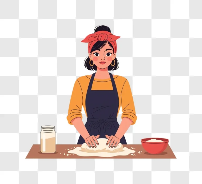 woman baking dough wearing apron and bandana edited