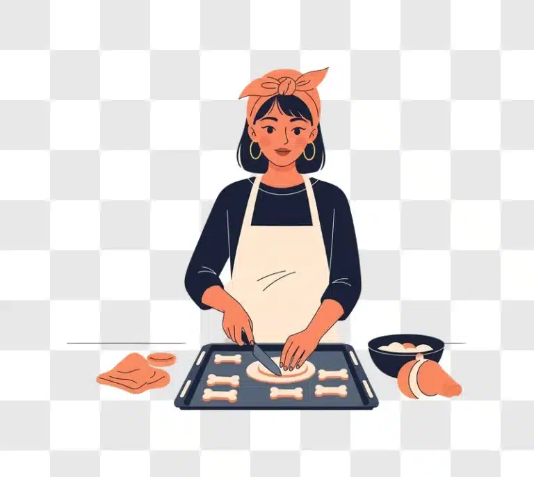 woman baking homemade dog treats in the kitchen wearing an apron and bandana edited