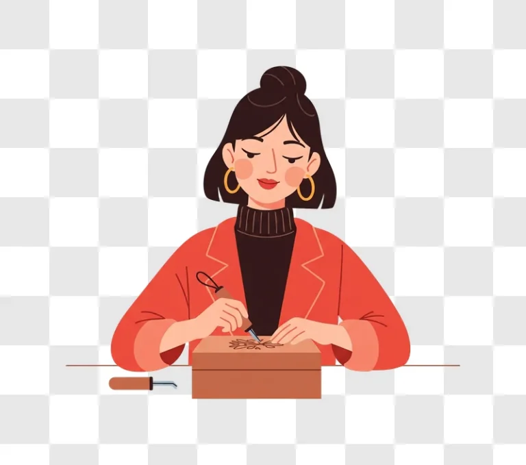 woman carving wood with a tool on a wooden box edited