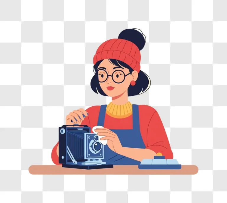 woman cleaning vintage camera with cloth and spray bottle edited