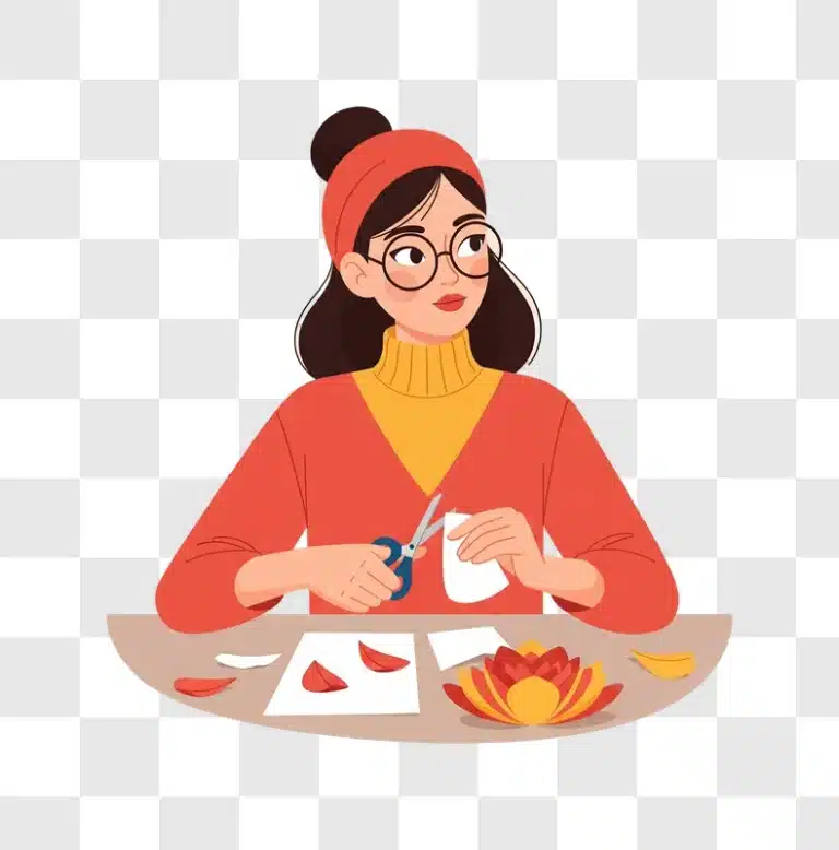 woman crafting a paper flower with scissors and paper edited