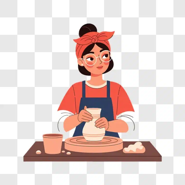 woman creating pottery on a wheel with clay and tools edited