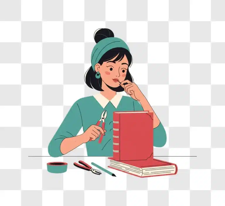 woman focused on bookbinding craft with tools and materials edited