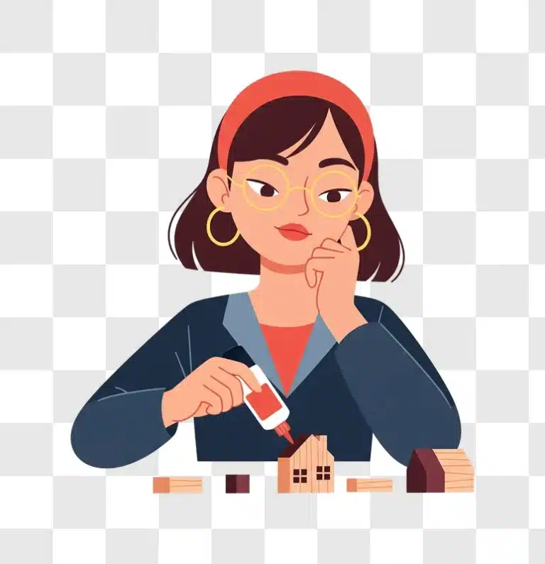 woman focused on crafting a miniature house with glue edited