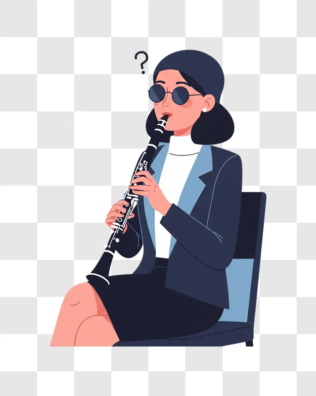 woman in business attire playing clarinet with question mark above head edited