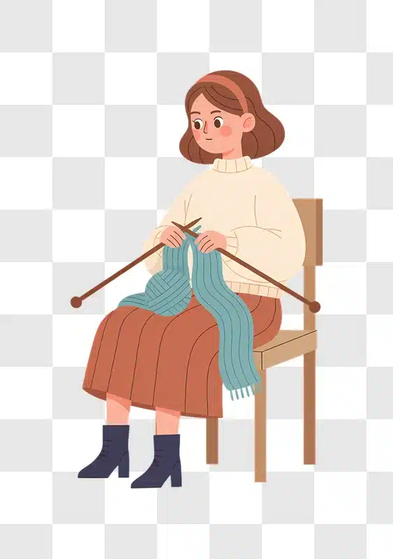 woman knitting a blue scarf while sitting on a chair edited