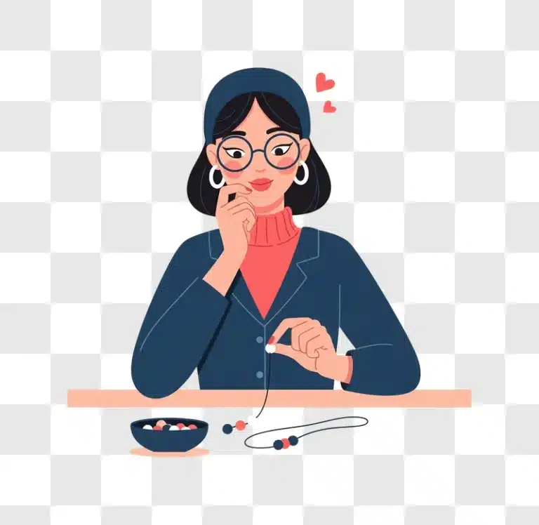 woman making jewelry with beads and thread edited