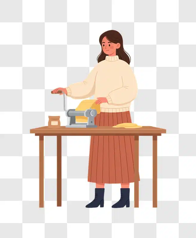 woman operating a pasta maker machine at a wooden table edited