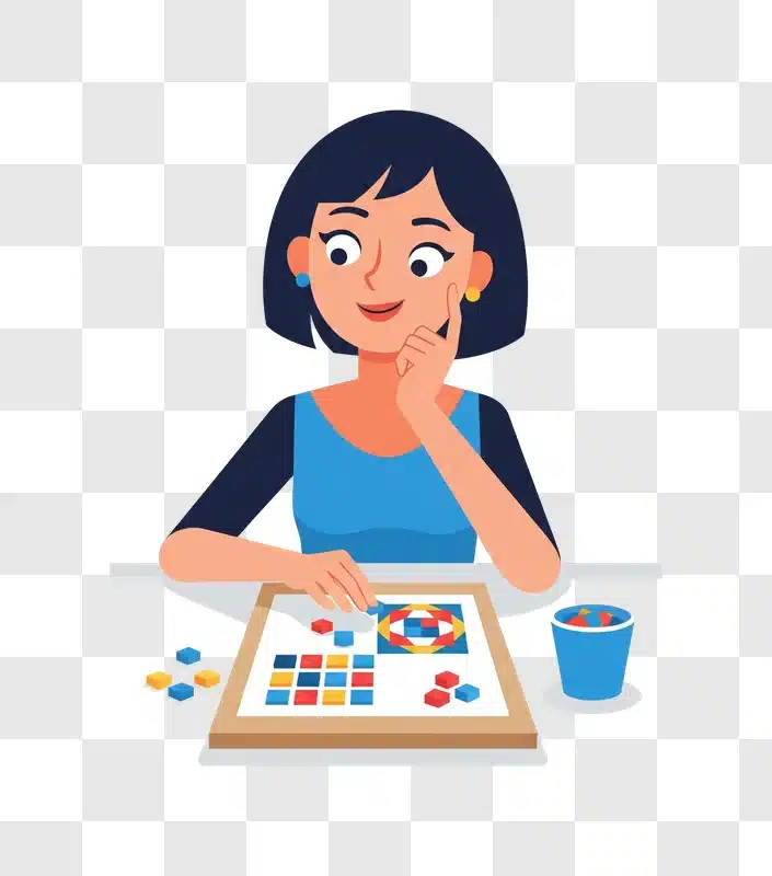 woman playing a colorful geometric puzzle game on a table edited