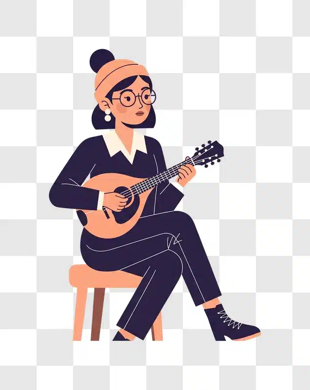 woman playing a mandolin instrument while sitting on a stool edited