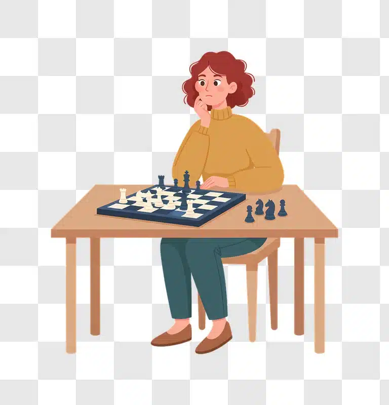 woman playing chess thoughtfully at a table edited