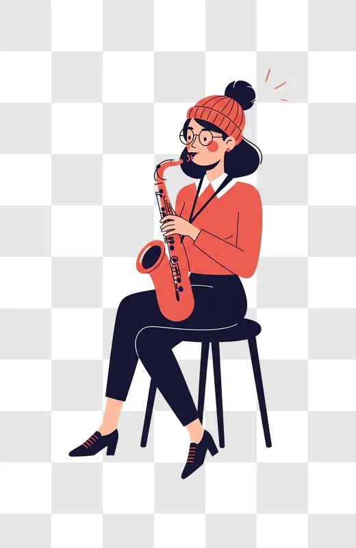 woman playing saxophone sitting on stool wearing beanie and glasses edited