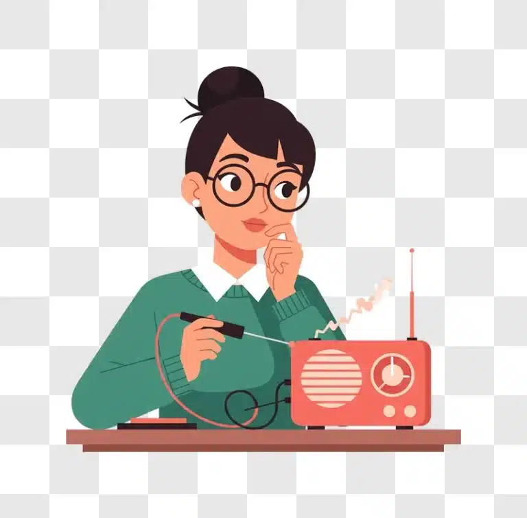 woman repairing an old radio with a soldering iron edited