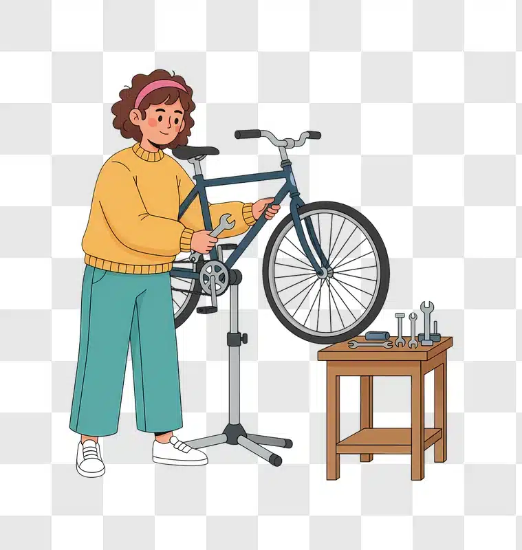 woman repairing bicycle on stand with tools on table edited