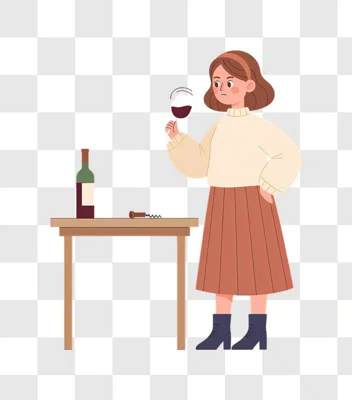 woman tasting red wine at table with bottle and corkscrew edited