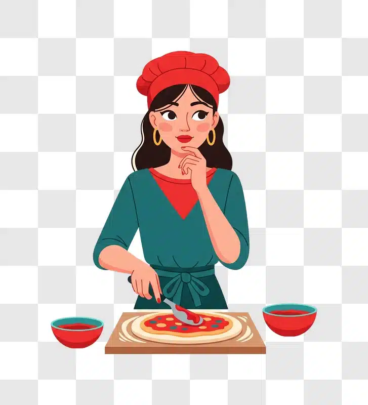 woman thoughtfully preparing a delicious pizza at home edited