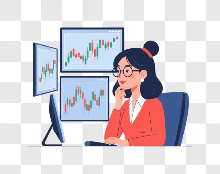 woman trader analyzing stock market charts on multiple computer screens edited