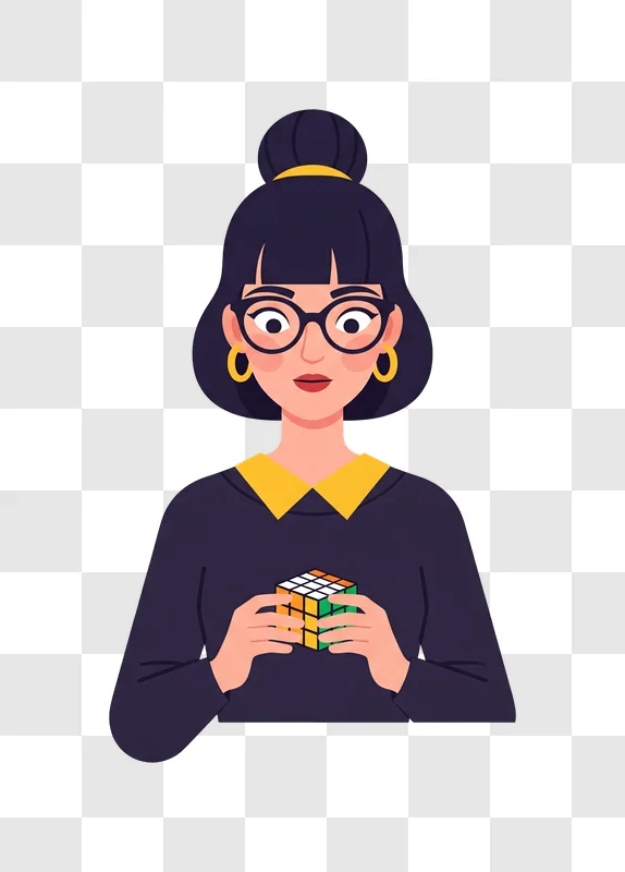woman with glasses holding a rubiks cube solving a puzzle edited