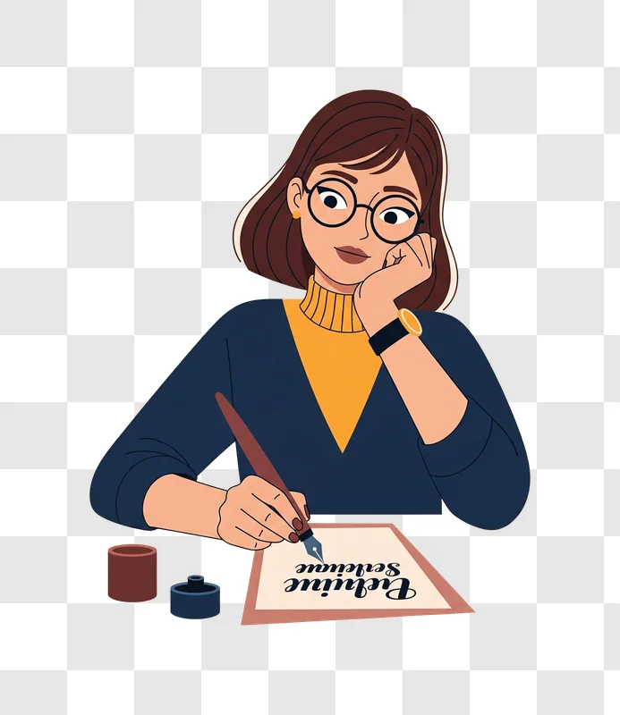 woman writing with a fountain pen and inkwell edited