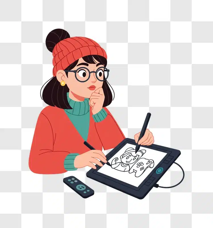 young woman artist focused on digital drawing tablet edited