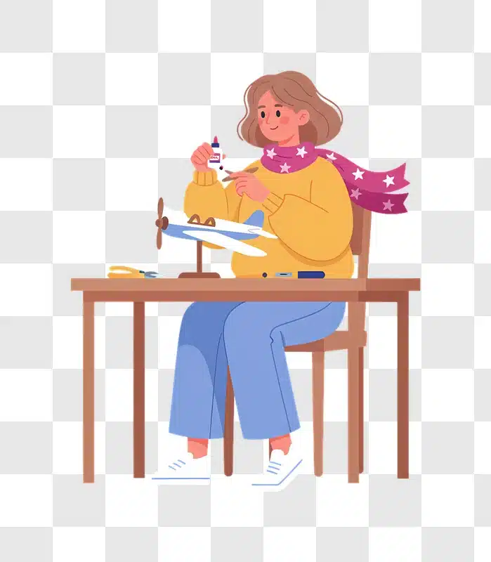 young woman assembling model airplane hobby craft edited