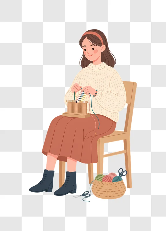 young woman knitting a sweater while sitting on a chair edited