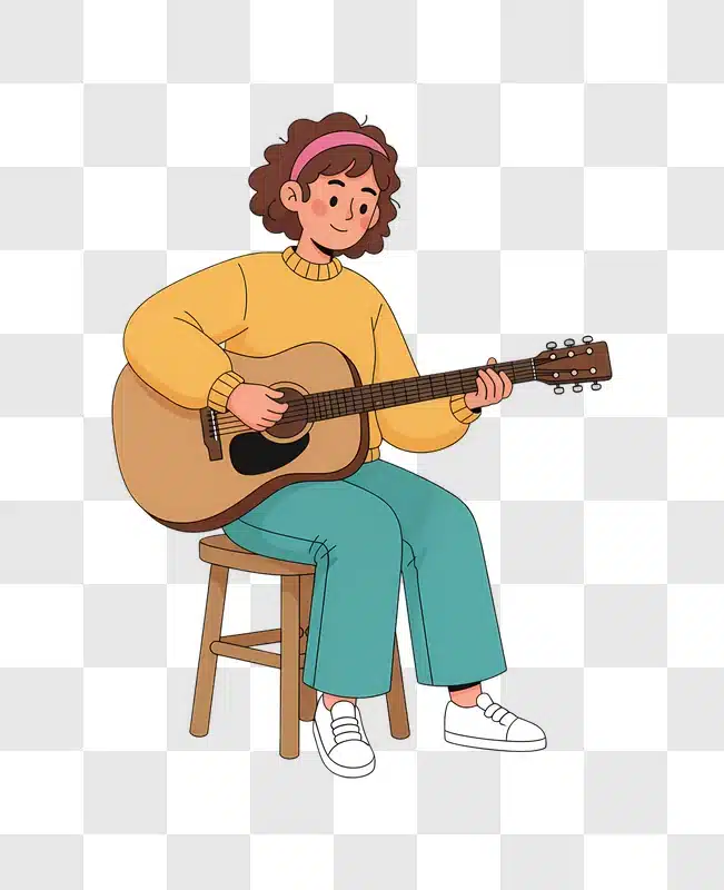 young woman playing acoustic guitar sitting on a stool edited