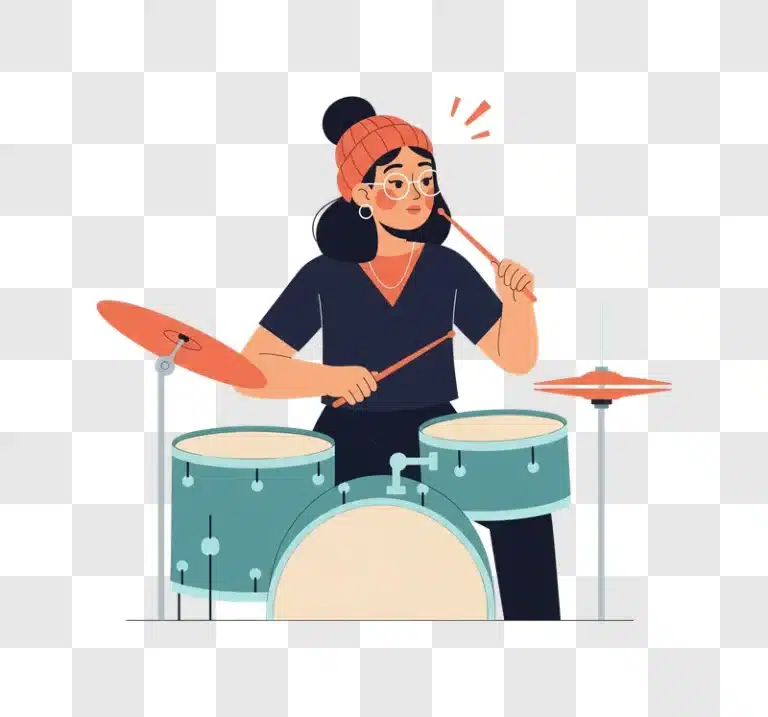 young woman playing drums with focus and energy edited