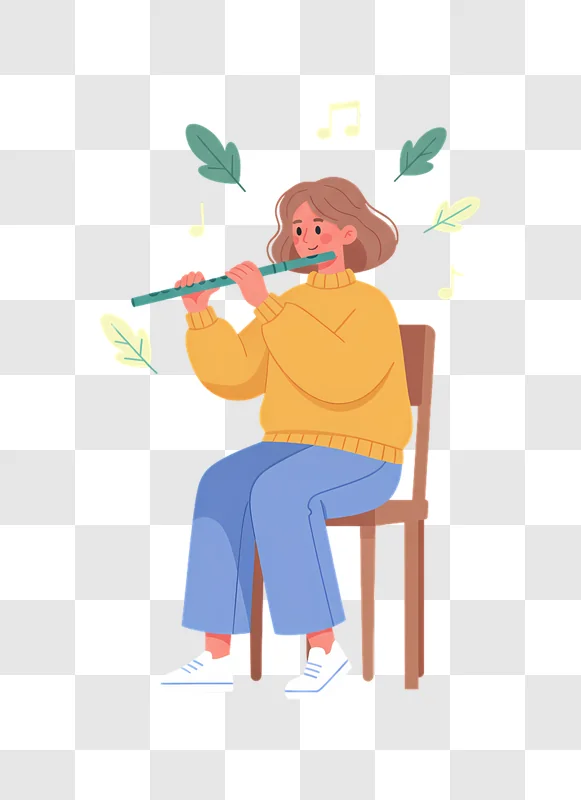 young woman playing flute sitting on chair with leaves floating around edited