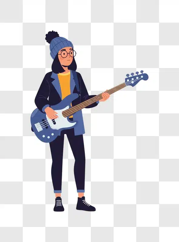 young woman playing a blue bass guitar wearing a blue beanie edited